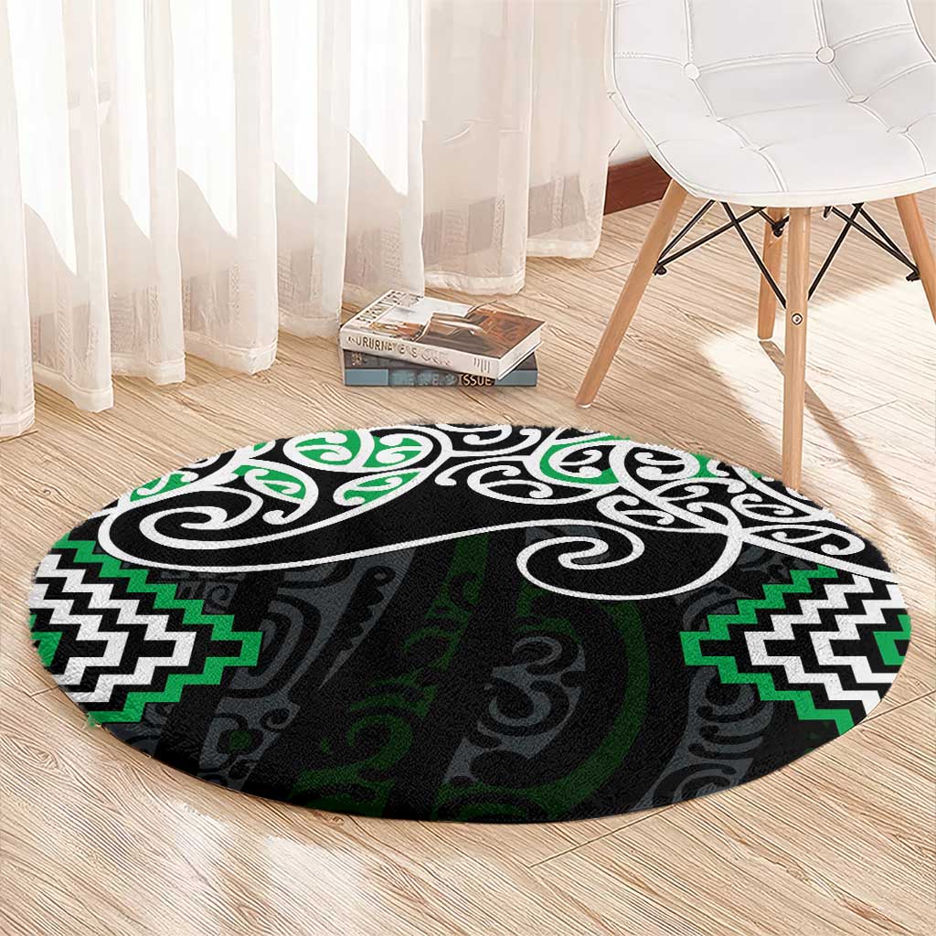 Green Aotearoa Tukutuku Manawa Tapu Round Carpet Ta Moko Toi Maori