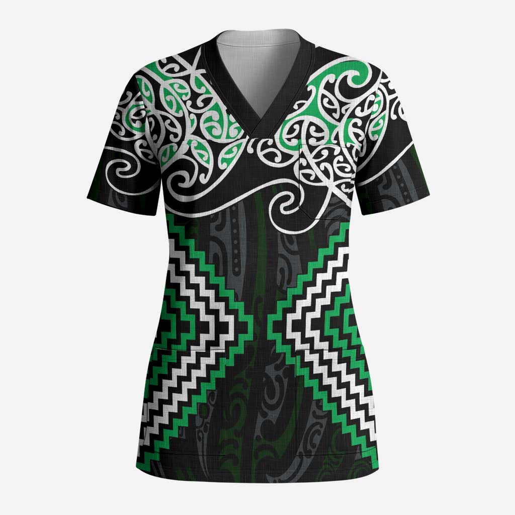 Green Aotearoa Tukutuku Manawa Tapu Scrub Top Ta Moko Toi Maori LT9 Adult Green - Polynesian Pride