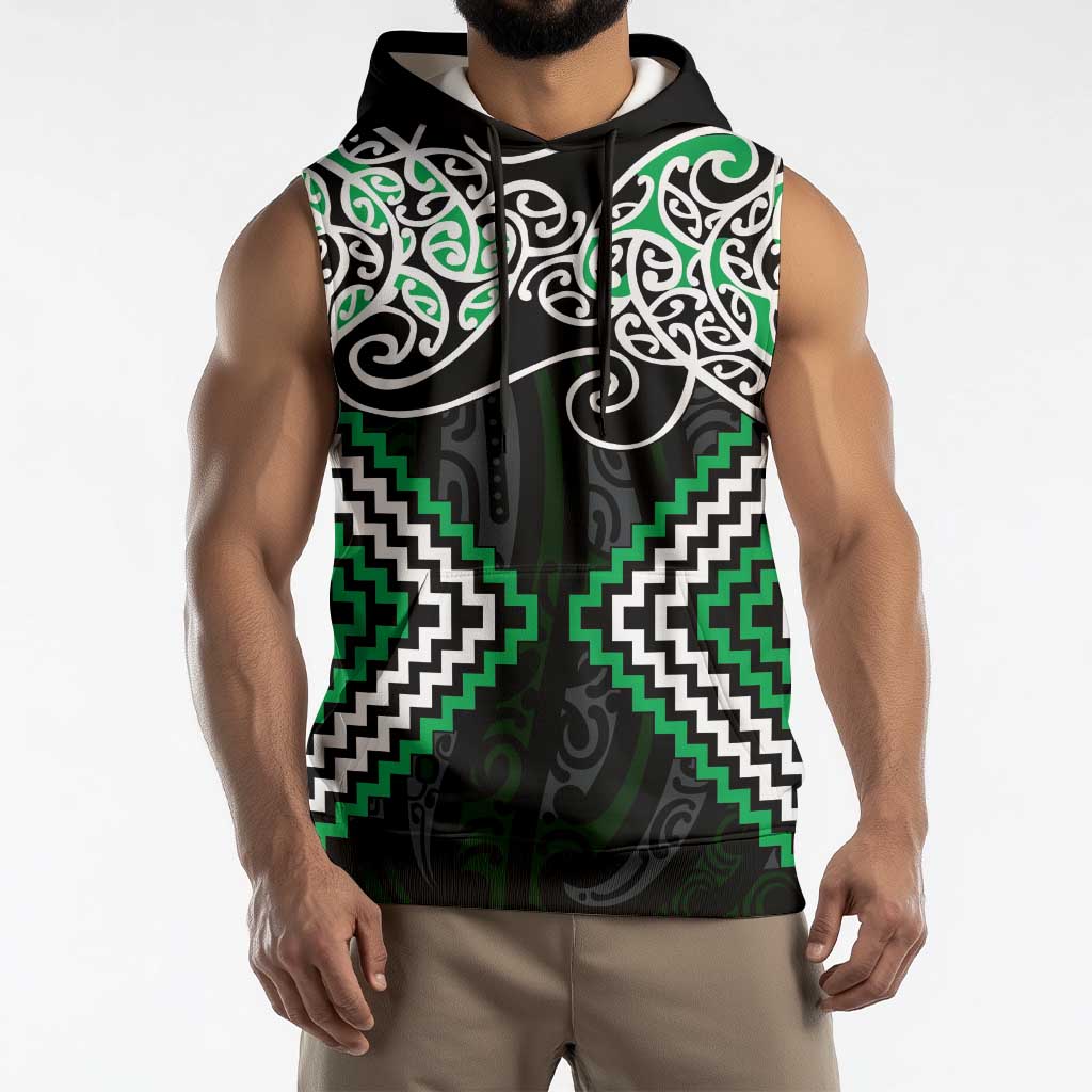 Green Aotearoa Tukutuku Manawa Tapu Sleeveless Hoodie Ta Moko Toi Maori - Polynesian Pride