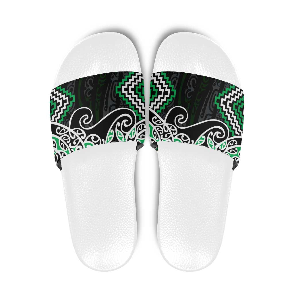 Green Aotearoa Tukutuku Manawa Tapu Slide Sandals Ta Moko Toi Maori - Polynesian Pride