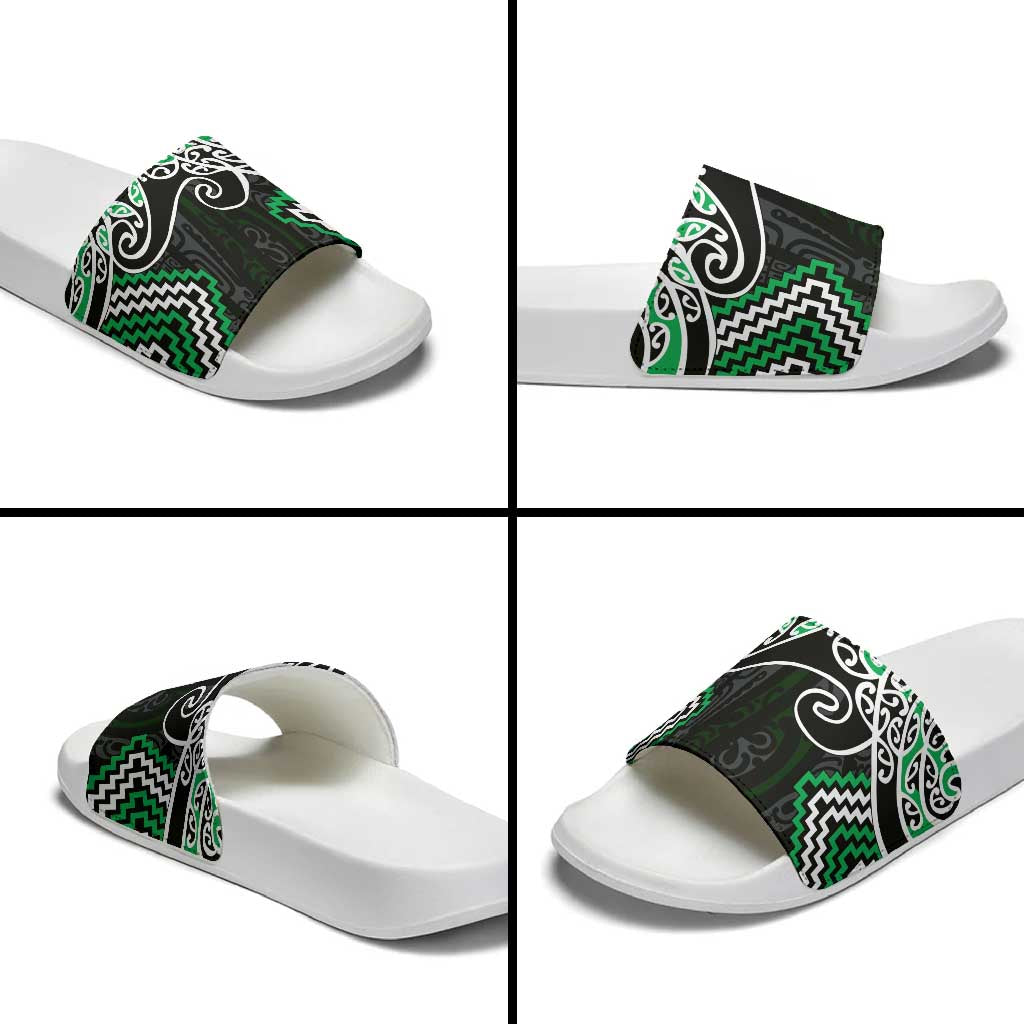 Green Aotearoa Tukutuku Manawa Tapu Slide Sandals Ta Moko Toi Maori - Polynesian Pride