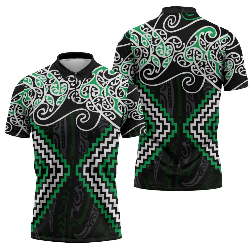 Green Aotearoa Tukutuku Manawa Tapu Zipper Polo Shirt Ta Moko Toi Maori - Polynesian Pride