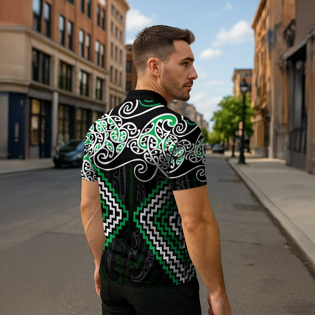 Green Aotearoa Tukutuku Manawa Tapu Zipper Polo Shirt Ta Moko Toi Maori - Polynesian Pride