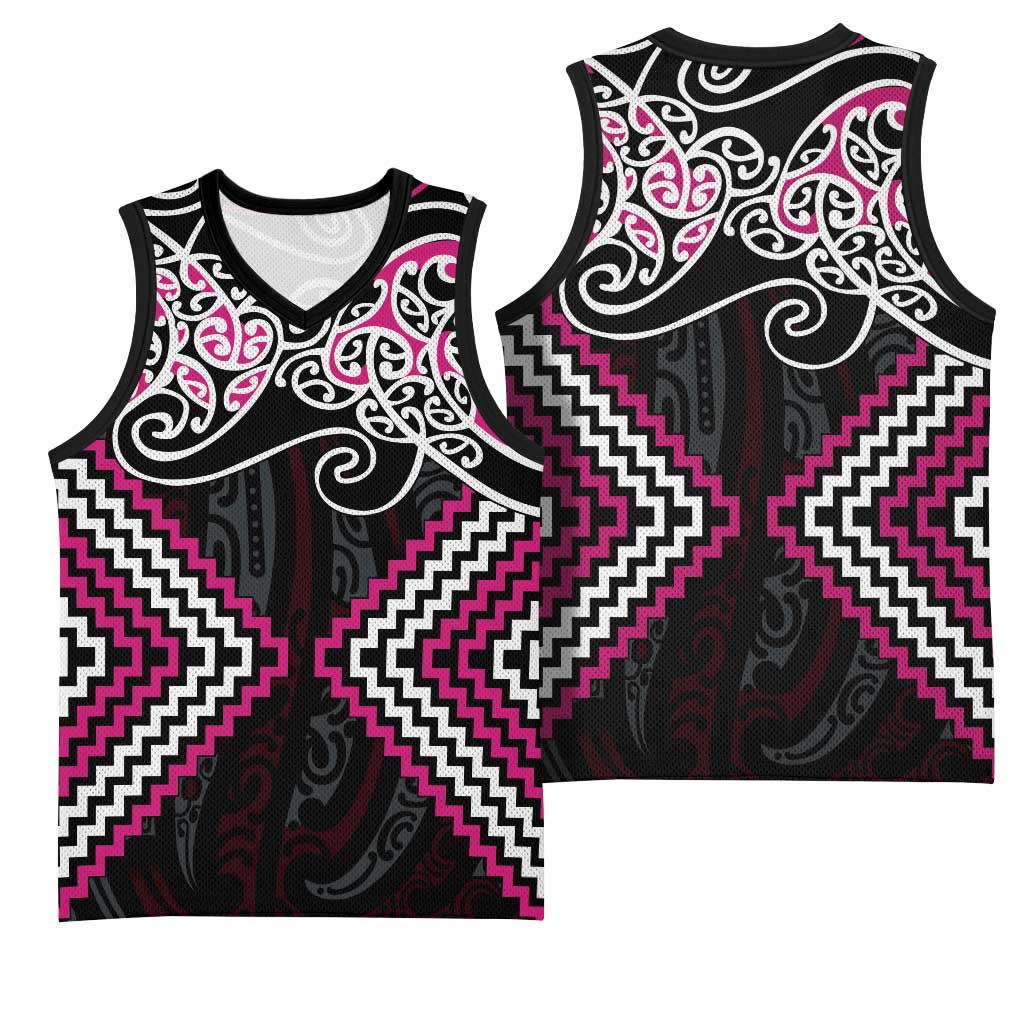 Pink Aotearoa Tukutuku Manawa Tapu Basketball Jersey Ta Moko Toi Maori - Polynesian Pride