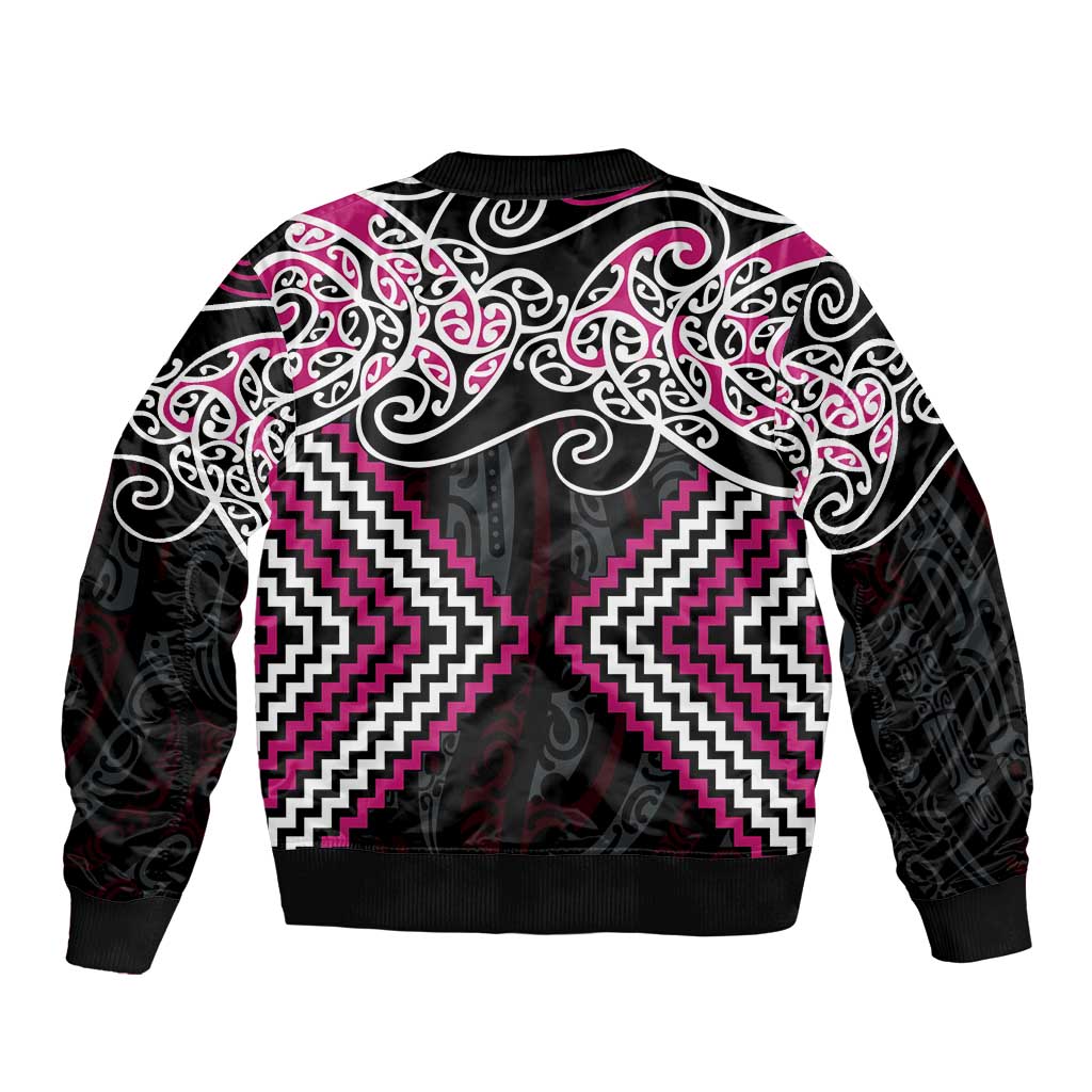 Pink Aotearoa Tukutuku Manawa Tapu Bomber Jacket Ta Moko Toi Maori