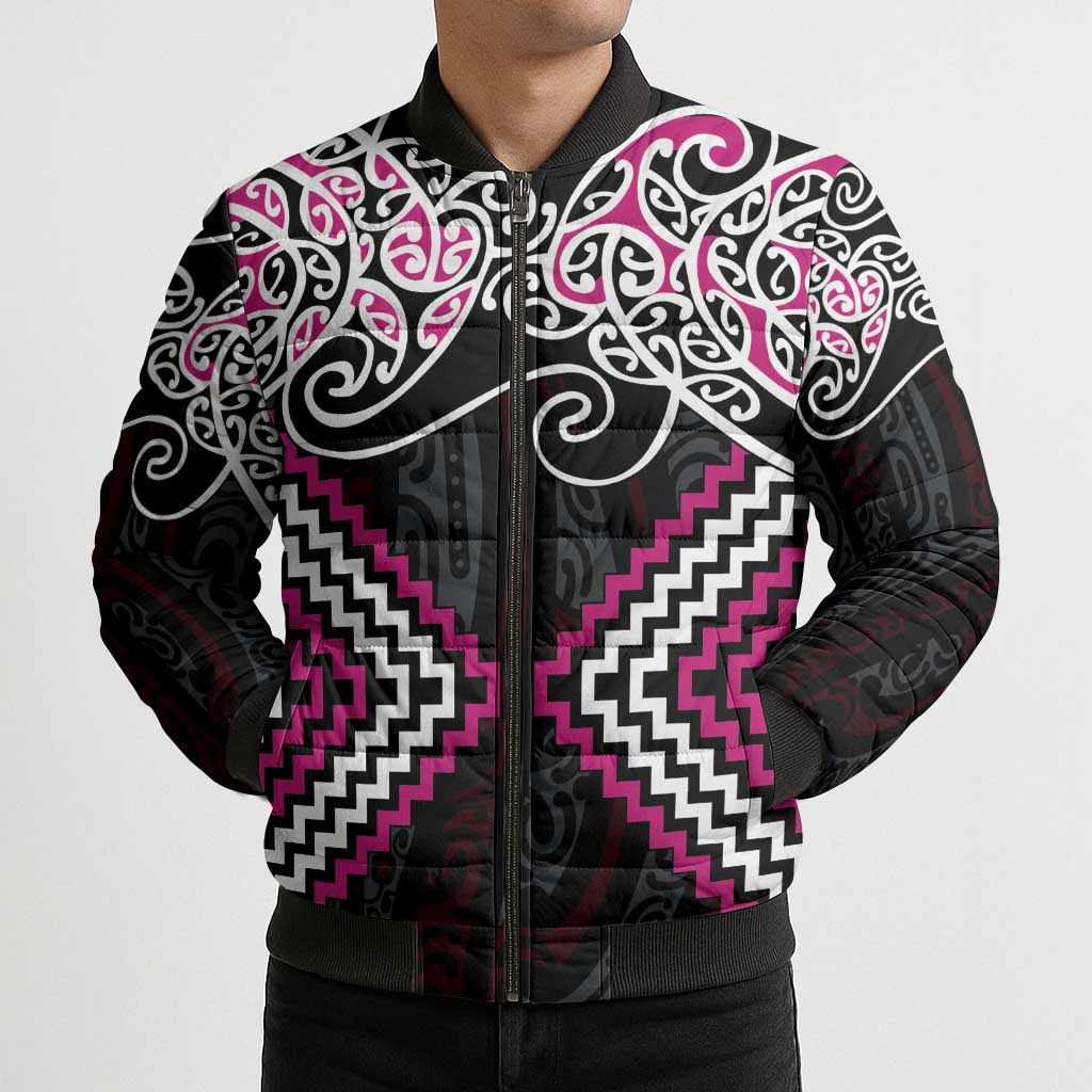 Pink Aotearoa Tukutuku Manawa Tapu Bomber Puffer Jacket Ta Moko Toi Maori - Polynesian Pride