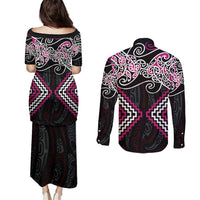 Pink Aotearoa Tukutuku Manawa Tapu Couples Matching Puletasi and Long Sleeve Button Shirt Ta Moko Toi Maori