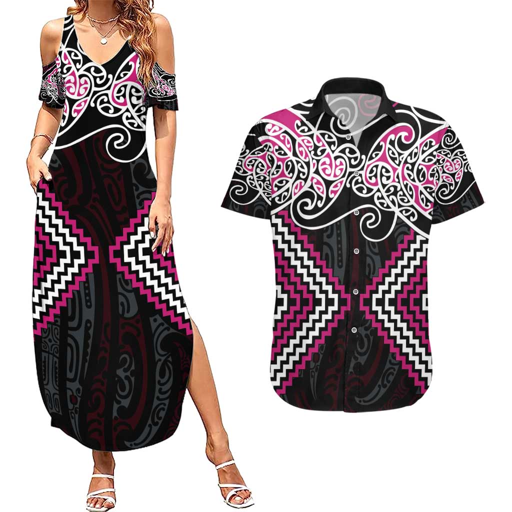 Pink Aotearoa Tukutuku Manawa Tapu Couples Matching Summer Maxi Dress and Hawaiian Shirt Ta Moko Toi Maori