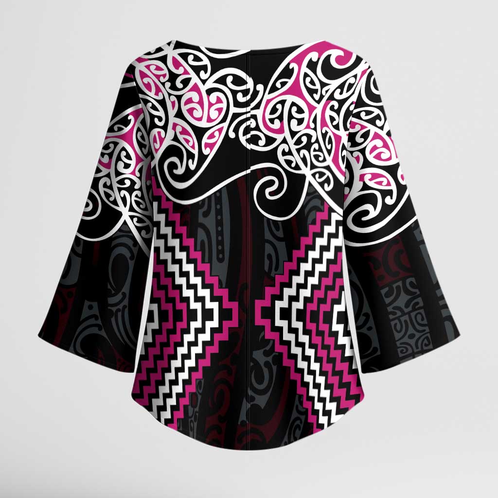 Pink Aotearoa Tukutuku Manawa Tapu Kimono Sleeve Blouse Ta Moko Toi Maori - Polynesian Pride