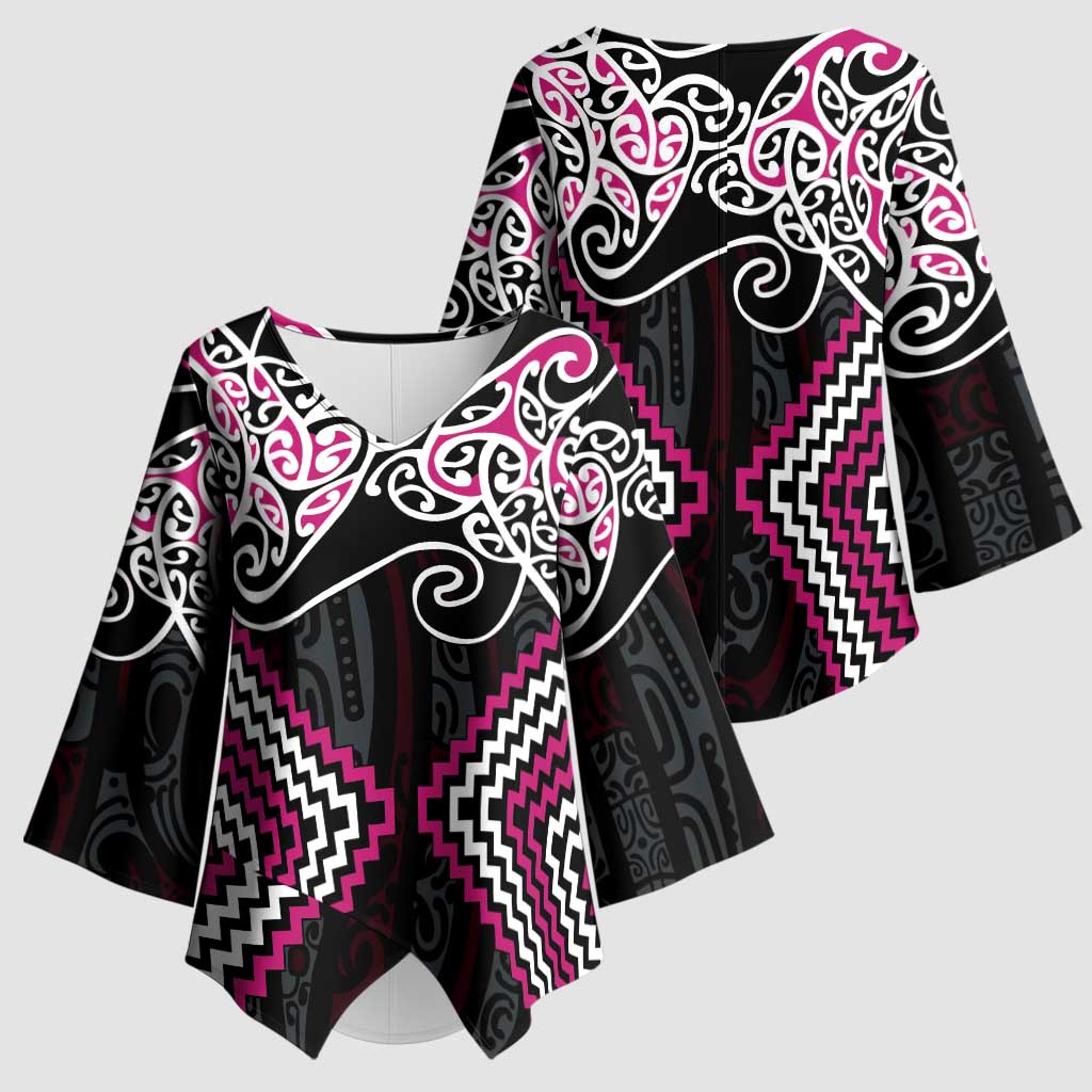 Pink Aotearoa Tukutuku Manawa Tapu Kimono Sleeve Blouse Ta Moko Toi Maori - Polynesian Pride