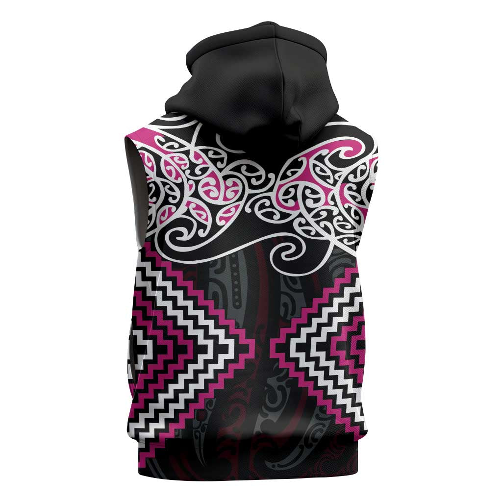 Pink Aotearoa Tukutuku Manawa Tapu Sleeveless Zip Hoodie Ta Moko Toi Maori - Polynesian Pride