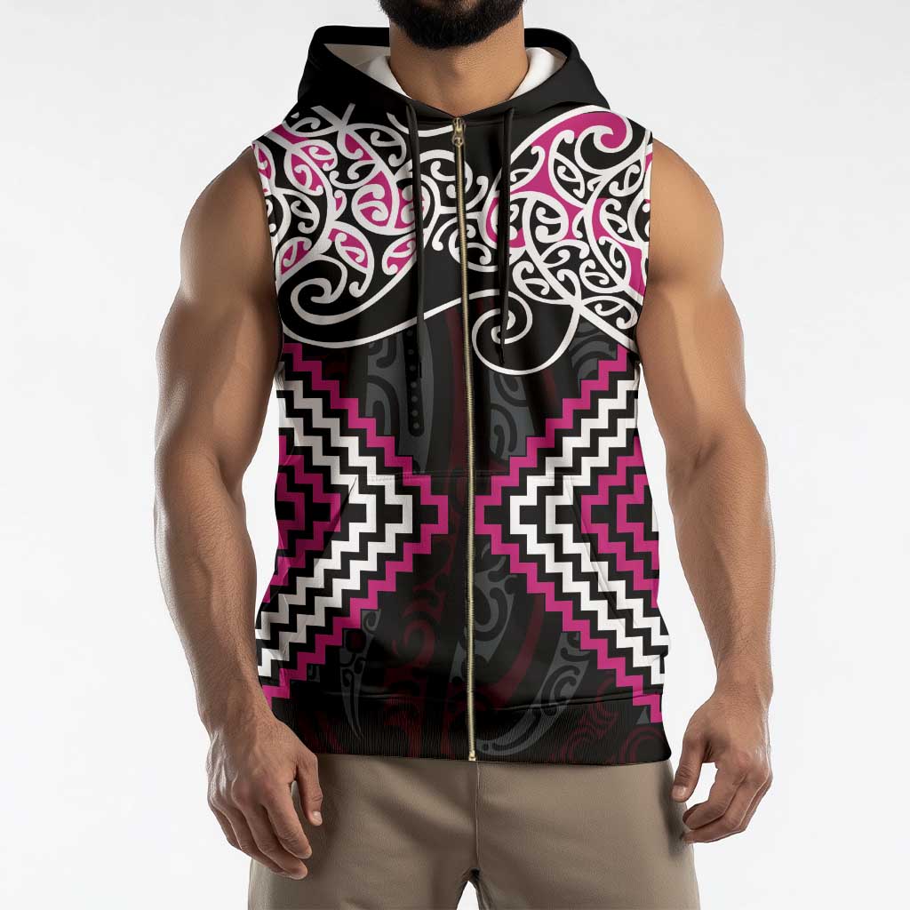 Pink Aotearoa Tukutuku Manawa Tapu Sleeveless Zip Hoodie Ta Moko Toi Maori - Polynesian Pride