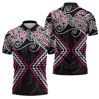 Pink Aotearoa Tukutuku Manawa Tapu Zipper Polo Shirt Ta Moko Toi Maori - Polynesian Pride