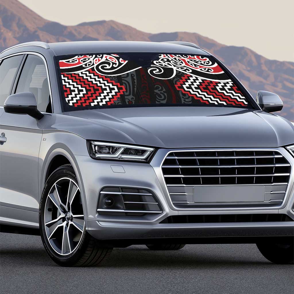 Red Aotearoa Tukutuku Manawa Tapu Auto Sun Shade Ta Moko Toi Maori - Polynesian Pride