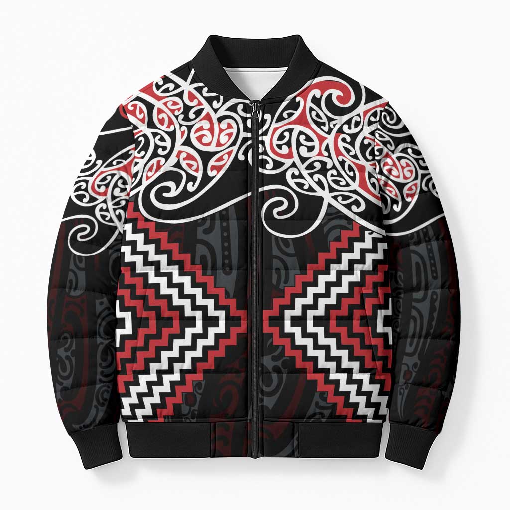 Red Aotearoa Tukutuku Manawa Tapu Bomber Puffer Jacket Ta Moko Toi Maori - Polynesian Pride