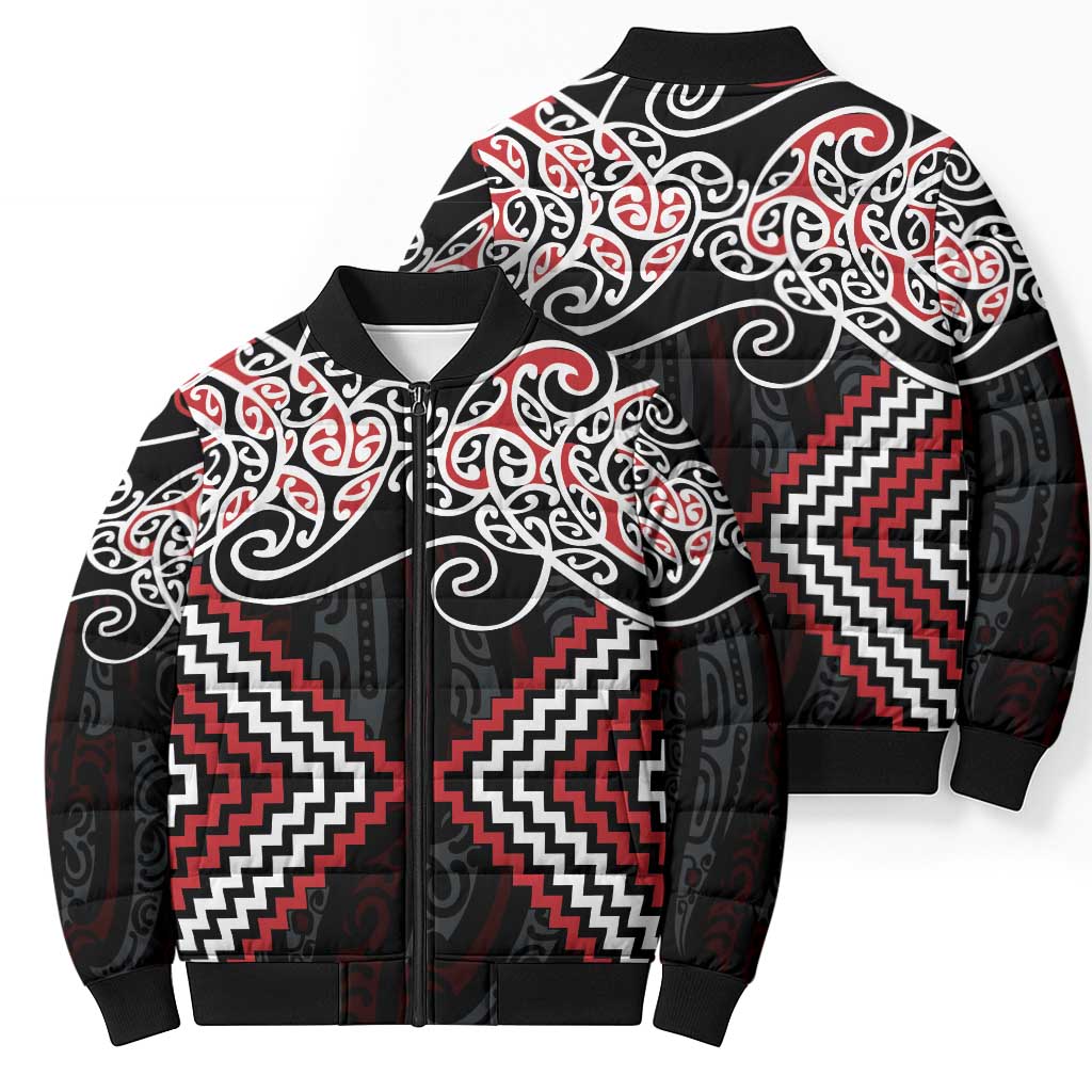 Red Aotearoa Tukutuku Manawa Tapu Bomber Puffer Jacket Ta Moko Toi Maori - Polynesian Pride