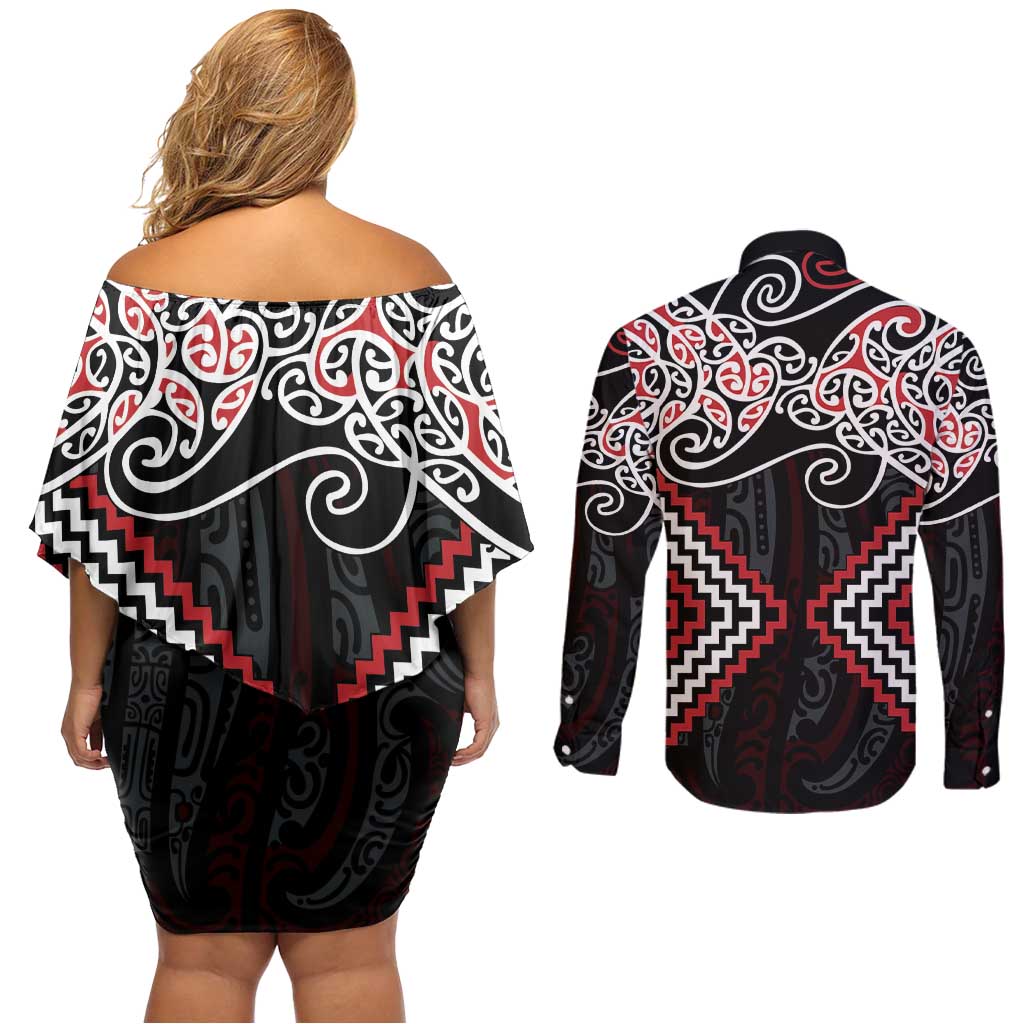 Red Aotearoa Tukutuku Manawa Tapu Couples Matching Off Shoulder Short Dress and Long Sleeve Button Shirt Ta Moko Toi Maori