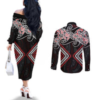 Red Aotearoa Tukutuku Manawa Tapu Couples Matching Off The Shoulder Long Sleeve Dress and Long Sleeve Button Shirt Ta Moko Toi Maori