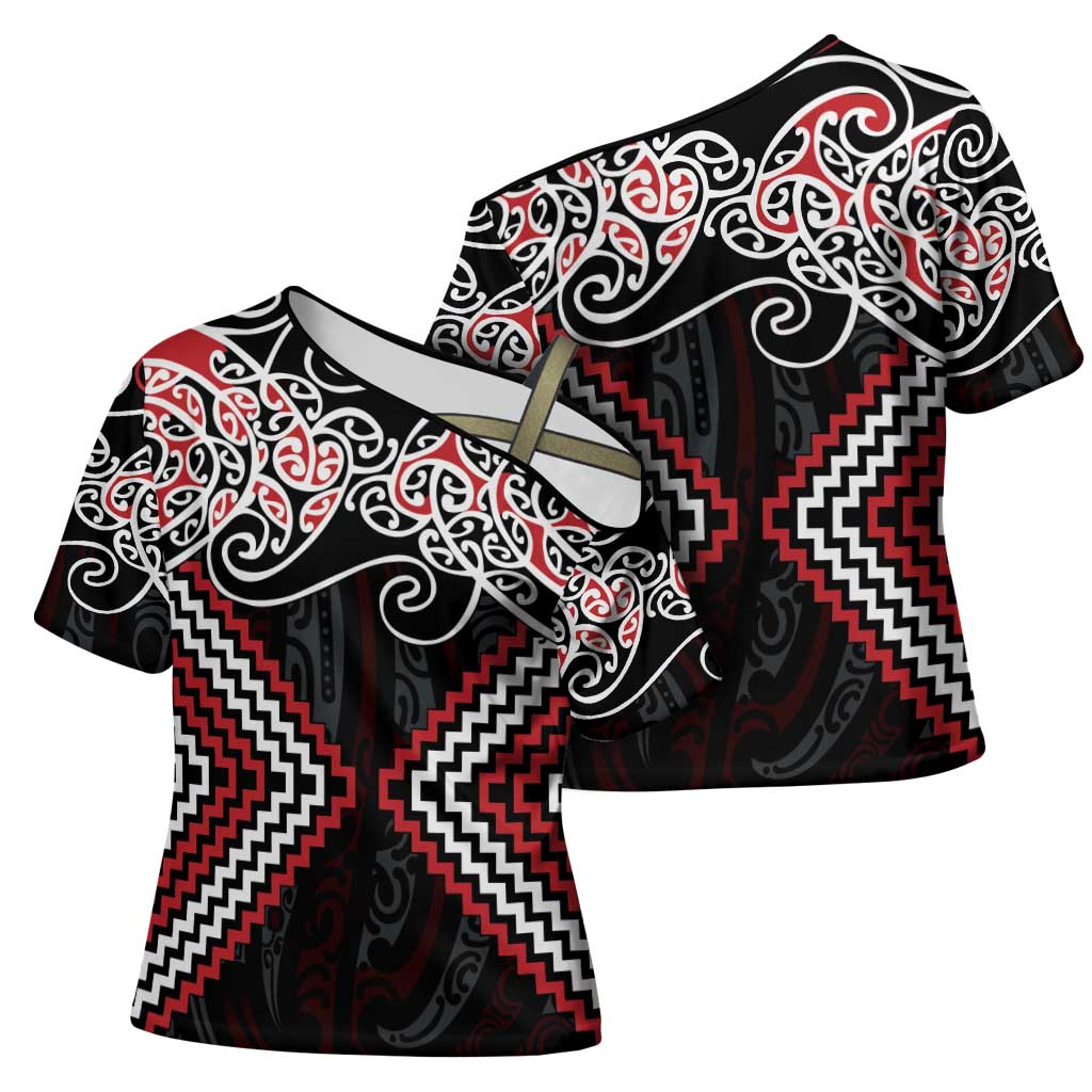 Red Aotearoa Tukutuku Manawa Tapu Cross Shoulder Shirt Ta Moko Toi Maori - Polynesian Pride