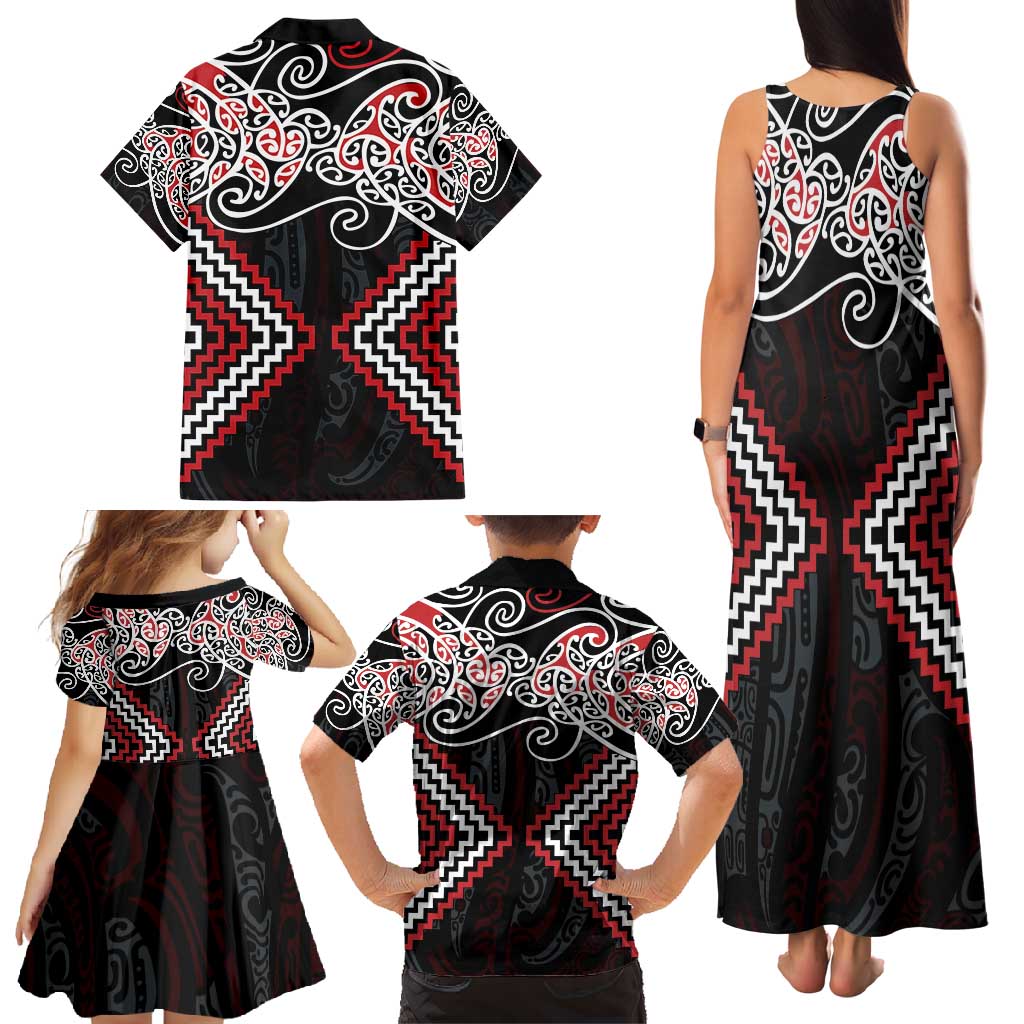 Red Aotearoa Tukutuku Manawa Tapu Family Matching Tank Maxi Dress and Hawaiian Shirt Ta Moko Toi Maori
