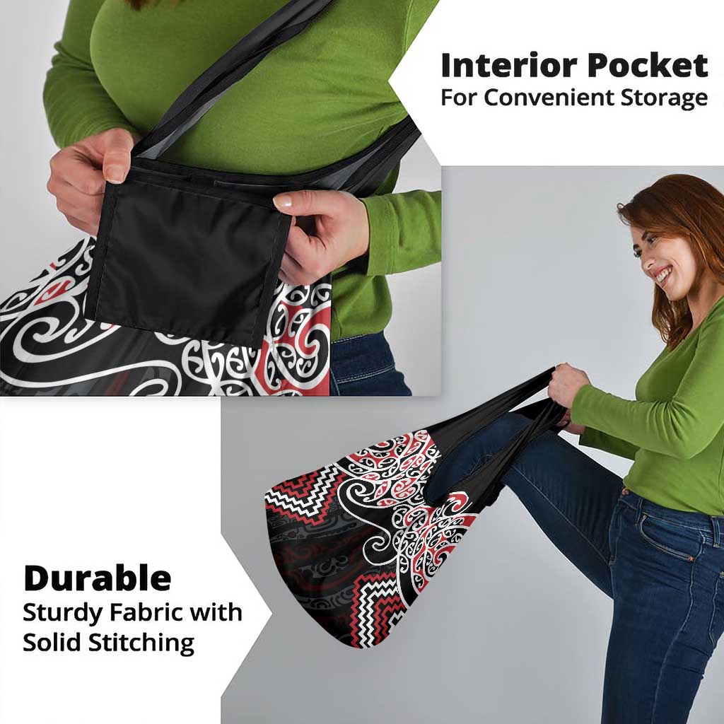 Red Aotearoa Tukutuku Manawa Tapu Grocery Bag Ta Moko Toi Maori