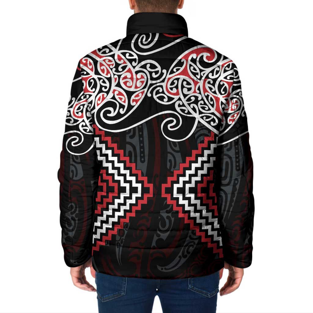 Red Aotearoa Tukutuku Manawa Tapu Padded Jacket Ta Moko Toi Maori - Polynesian Pride