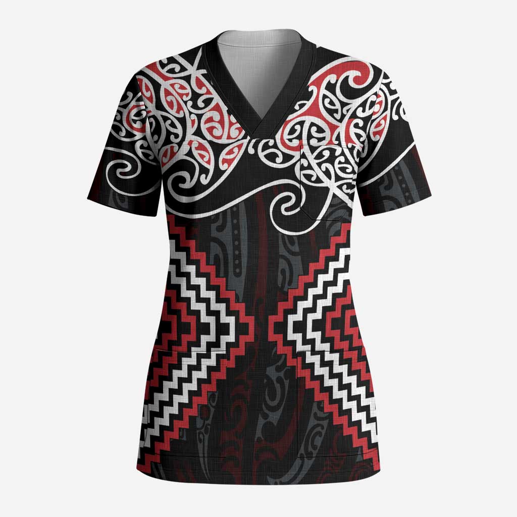 Red Aotearoa Tukutuku Manawa Tapu Scrub Top Ta Moko Toi Maori LT9 Adult Red - Polynesian Pride