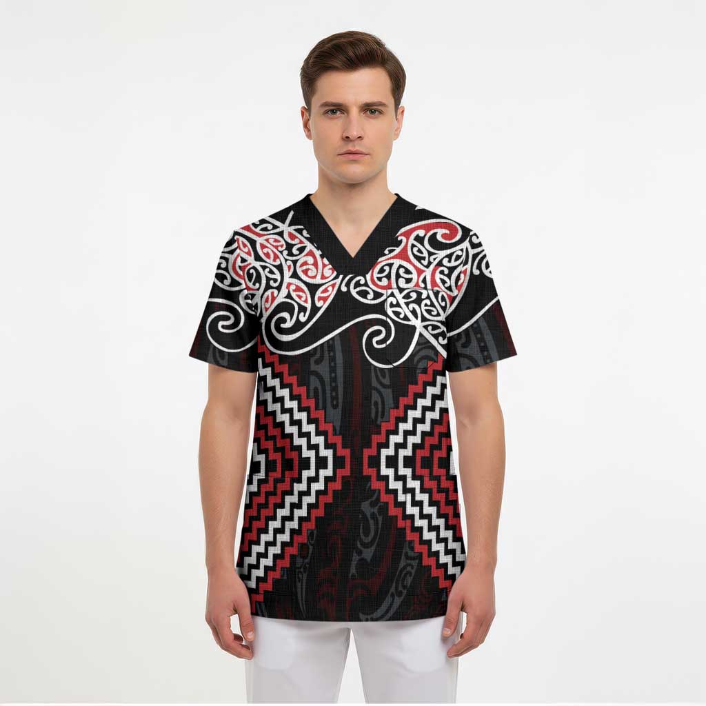 Red Aotearoa Tukutuku Manawa Tapu Scrub Top Ta Moko Toi Maori - Polynesian Pride