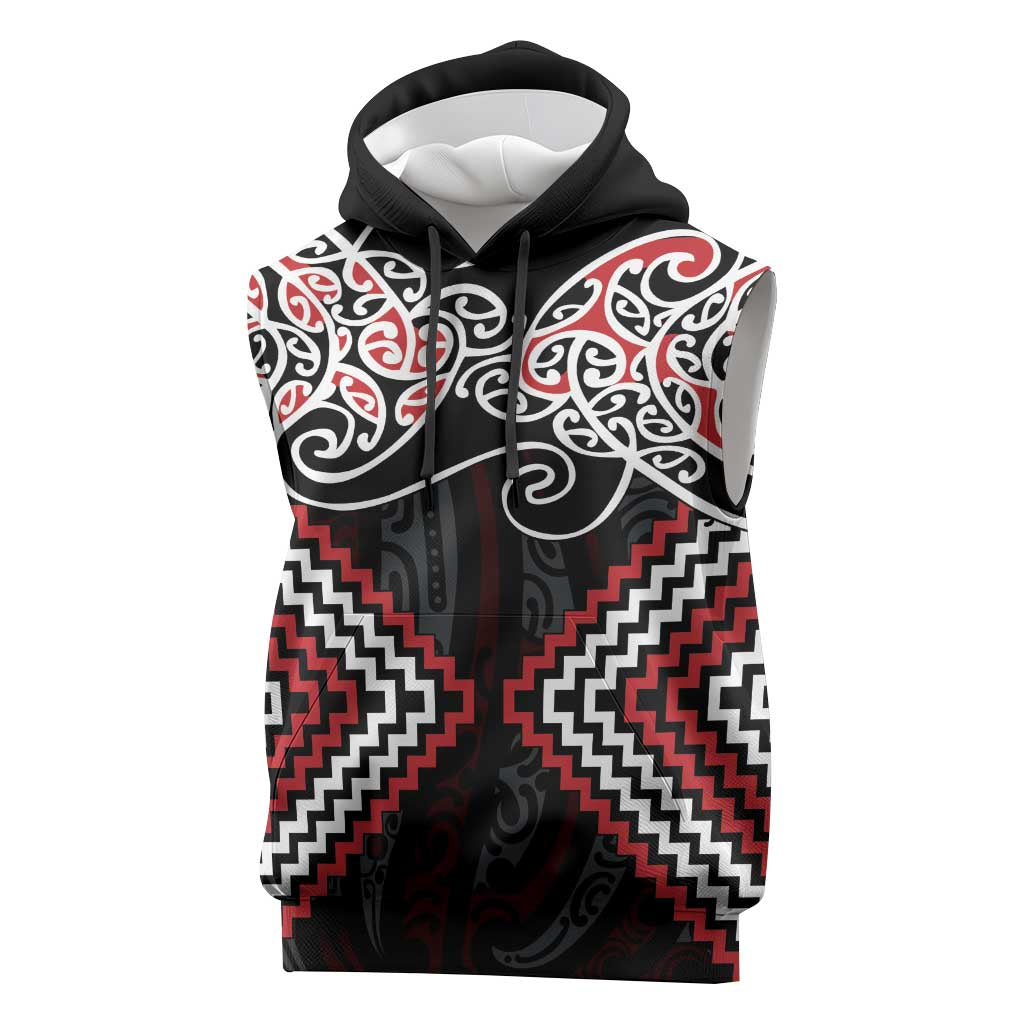 Red Aotearoa Tukutuku Manawa Tapu Sleeveless Hoodie Ta Moko Toi Maori - Polynesian Pride