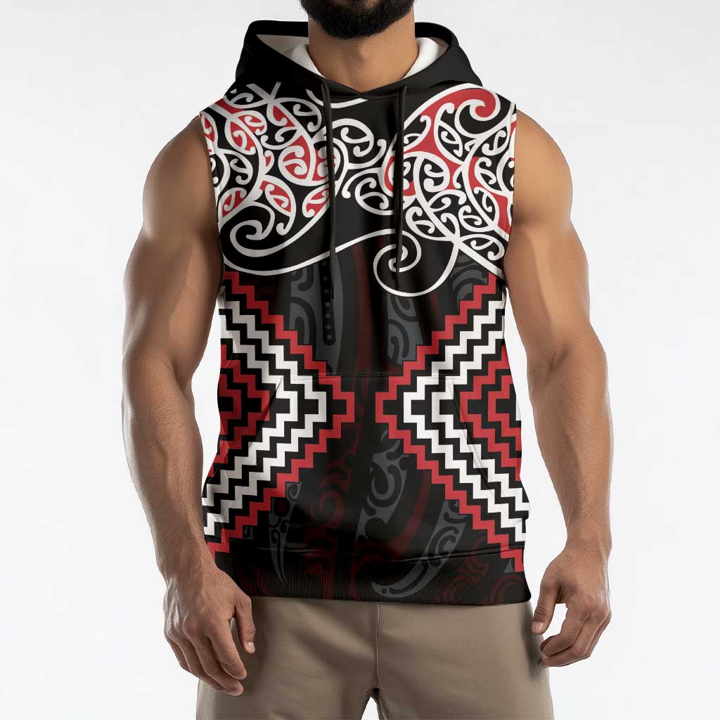 Red Aotearoa Tukutuku Manawa Tapu Sleeveless Hoodie Ta Moko Toi Maori - Polynesian Pride