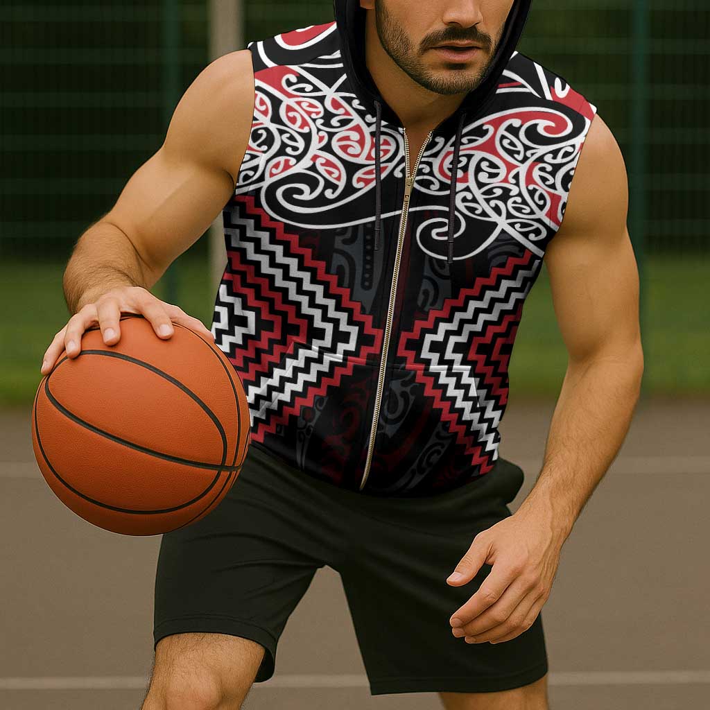 Red Aotearoa Tukutuku Manawa Tapu Sleeveless Zip Hoodie Ta Moko Toi Maori - Polynesian Pride