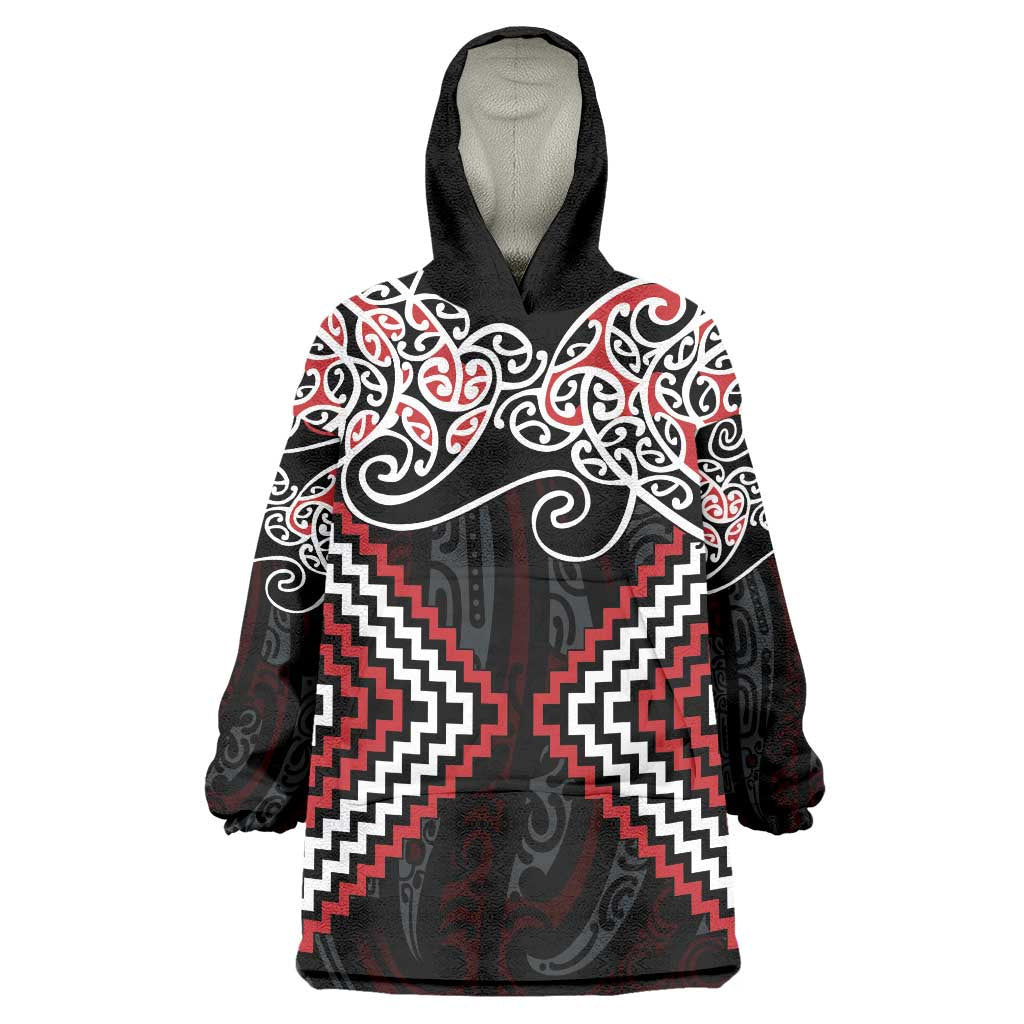 Red Aotearoa Tukutuku Manawa Tapu Wearable Blanket Hoodie Ta Moko Toi Maori LT9 One Size Red - Polynesian Pride