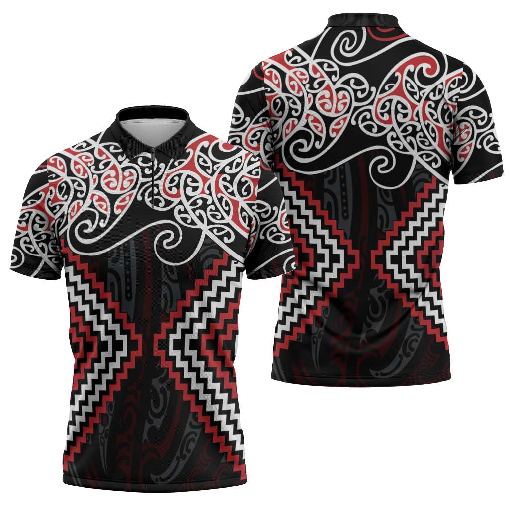 Red Aotearoa Tukutuku Manawa Tapu Zipper Polo Shirt Ta Moko Toi Maori - Polynesian Pride