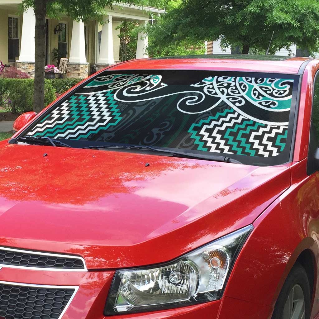 Turquoise Aotearoa Tukutuku Manawa Tapu Auto Sun Shade Ta Moko Toi Maori - Polynesian Pride