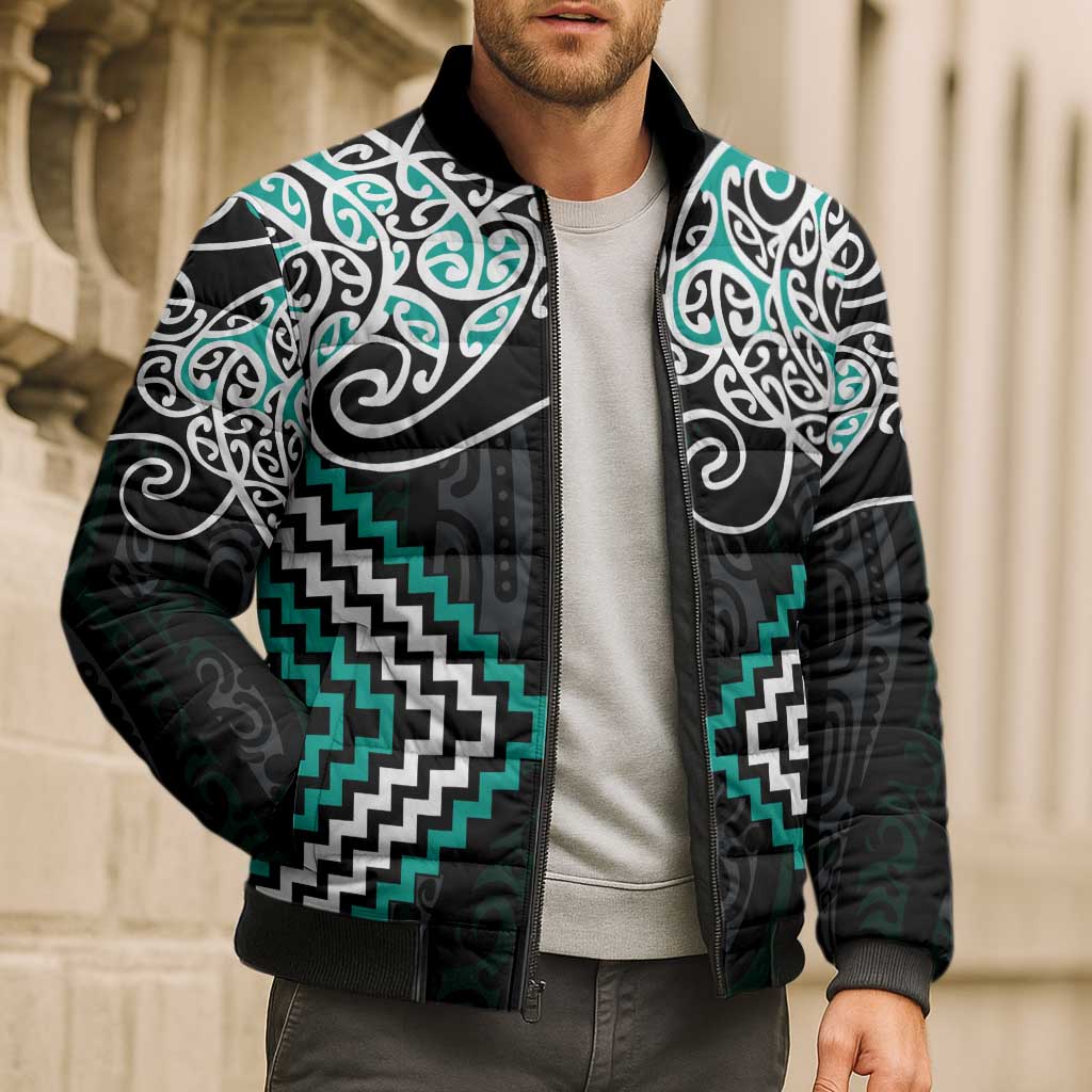 Turquoise Aotearoa Tukutuku Manawa Tapu Bomber Puffer Jacket Ta Moko Toi Maori - Polynesian Pride