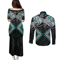 Turquoise Aotearoa Tukutuku Manawa Tapu Couples Matching Puletasi and Long Sleeve Button Shirt Ta Moko Toi Maori