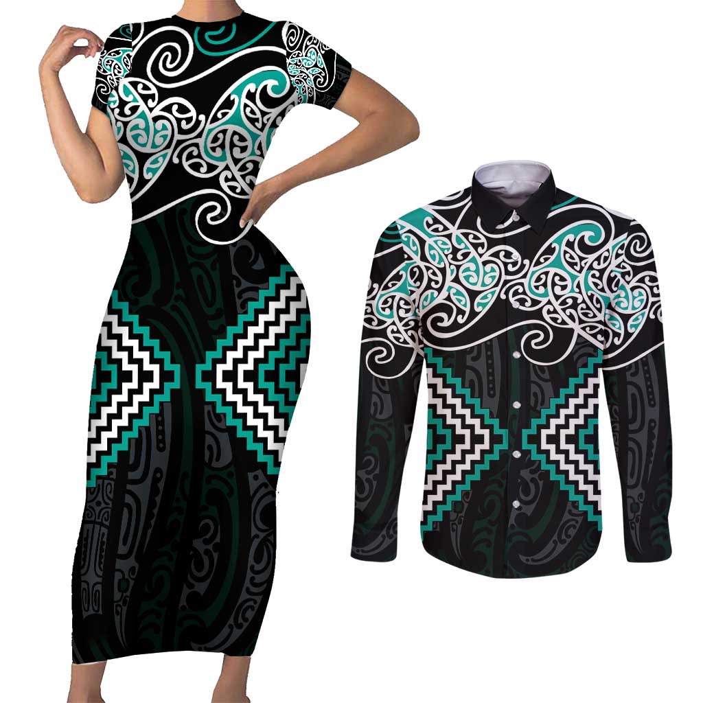 Turquoise Aotearoa Tukutuku Manawa Tapu Couples Matching Short Sleeve Bodycon Dress and Long Sleeve Button Shirt Ta Moko Toi Maori LT9 Turquoise - Polynesian Pride