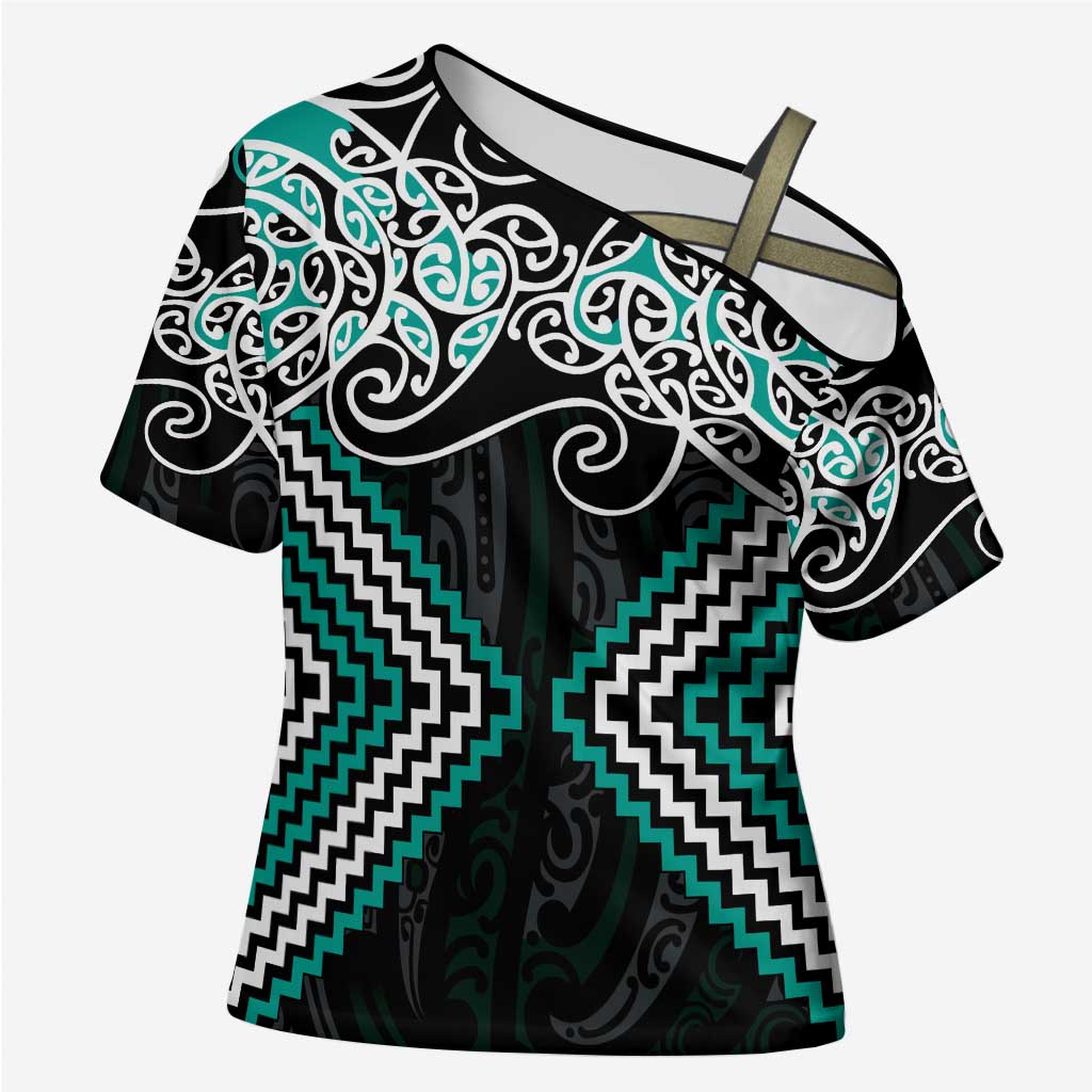 Turquoise Aotearoa Tukutuku Manawa Tapu Cross Shoulder Shirt Ta Moko Toi Maori - Polynesian Pride