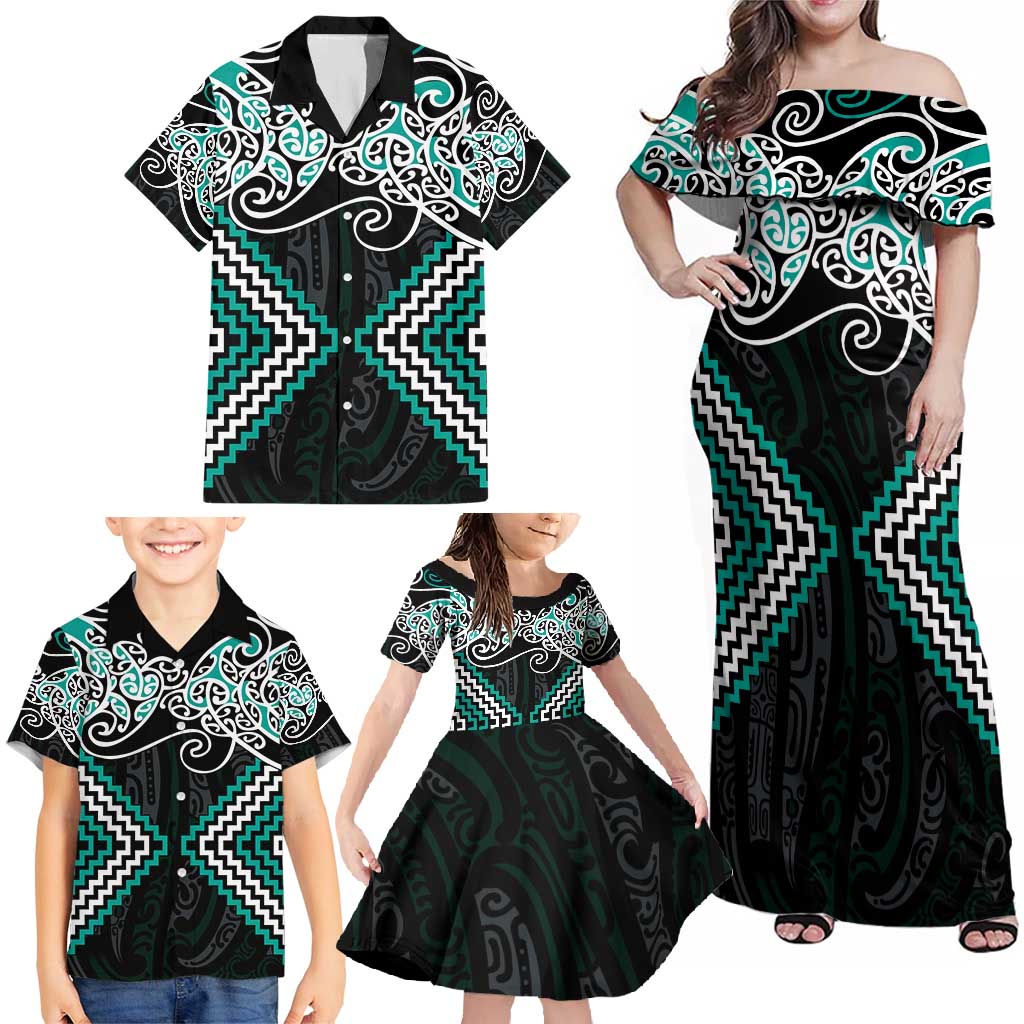 Turquoise Aotearoa Tukutuku Manawa Tapu Family Matching Off Shoulder Maxi Dress and Hawaiian Shirt Ta Moko Toi Maori