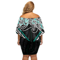 Turquoise Aotearoa Tukutuku Manawa Tapu Family Matching Off Shoulder Short Dress and Hawaiian Shirt Ta Moko Toi Maori
