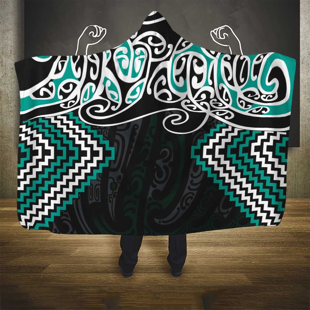 Turquoise Aotearoa Tukutuku Manawa Tapu Hooded Blanket Ta Moko Toi Maori