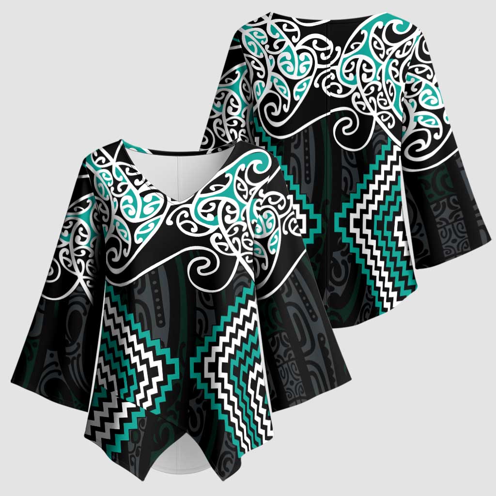 Turquoise Aotearoa Tukutuku Manawa Tapu Kimono Sleeve Blouse Ta Moko Toi Maori - Polynesian Pride
