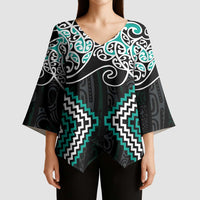 Turquoise Aotearoa Tukutuku Manawa Tapu Kimono Sleeve Blouse Ta Moko Toi Maori - Polynesian Pride