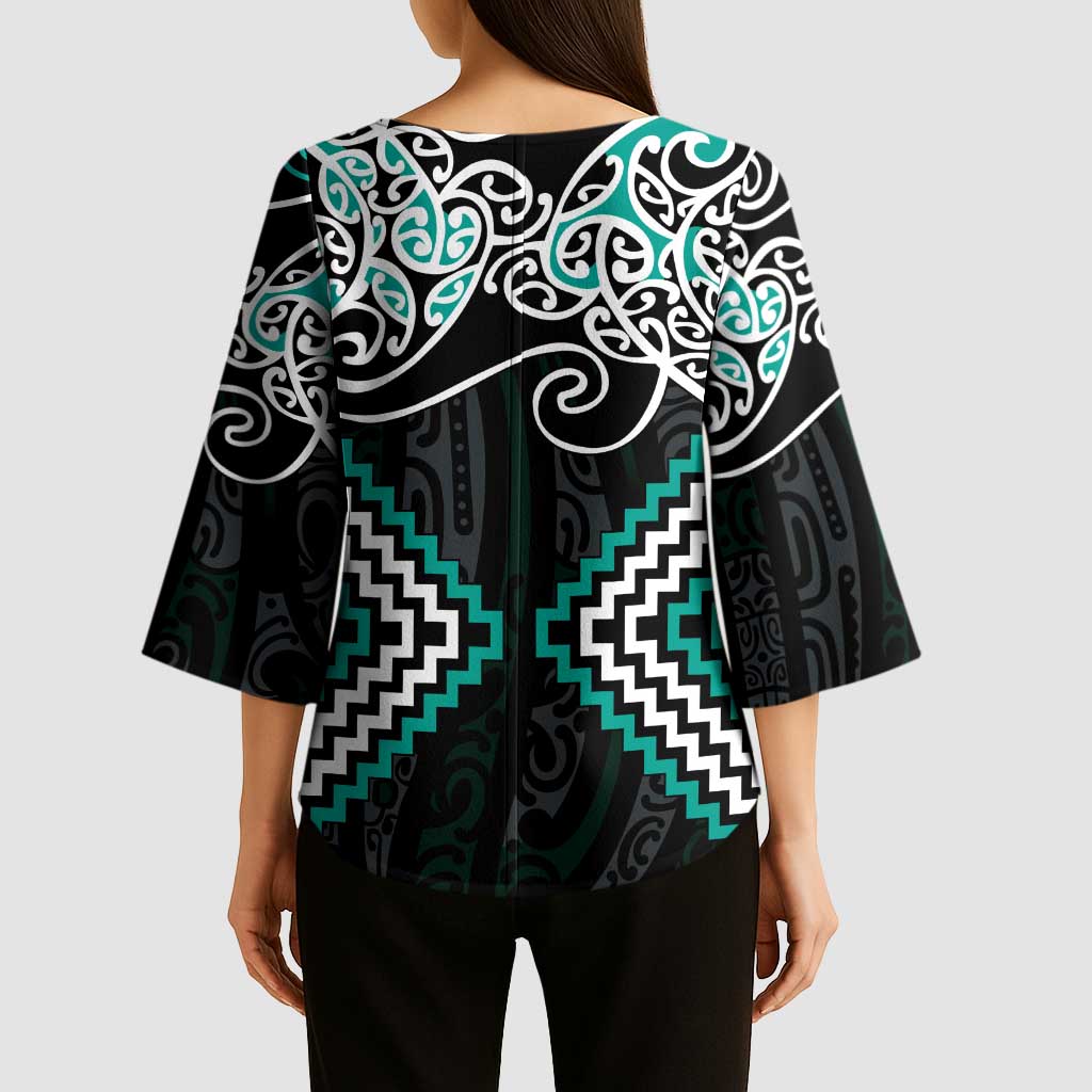 Turquoise Aotearoa Tukutuku Manawa Tapu Kimono Sleeve Blouse Ta Moko Toi Maori - Polynesian Pride