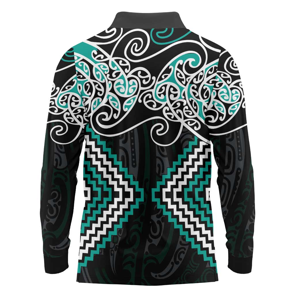 Turquoise Aotearoa Tukutuku Manawa Tapu Long Sleeve Polo Shirt Ta Moko Toi Maori