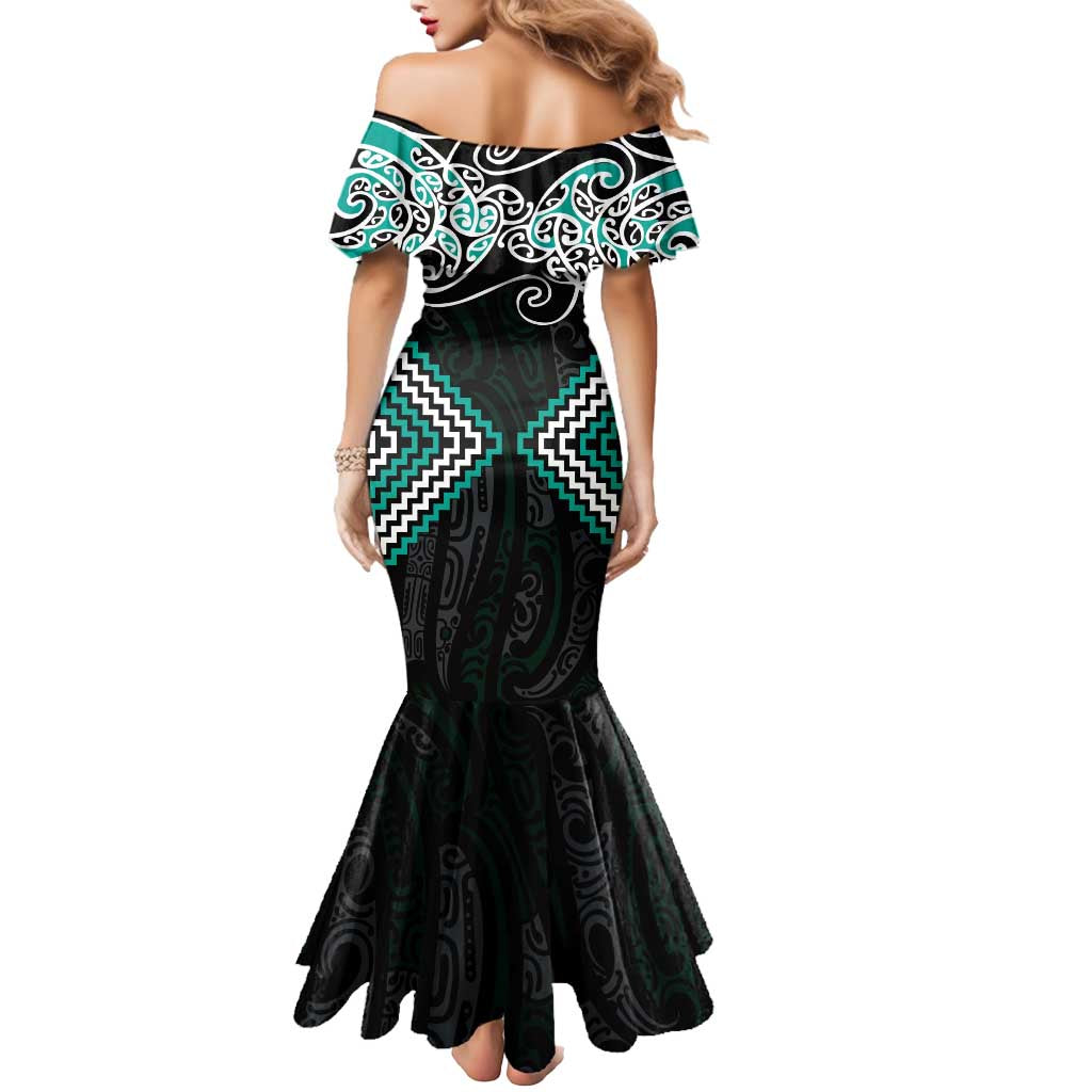 Turquoise Aotearoa Tukutuku Manawa Tapu Mermaid Dress Ta Moko Toi Maori