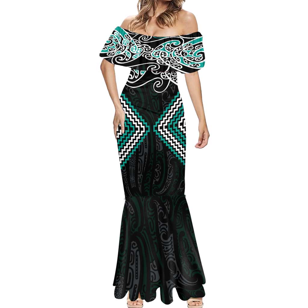 Turquoise Aotearoa Tukutuku Manawa Tapu Mermaid Dress Ta Moko Toi Maori