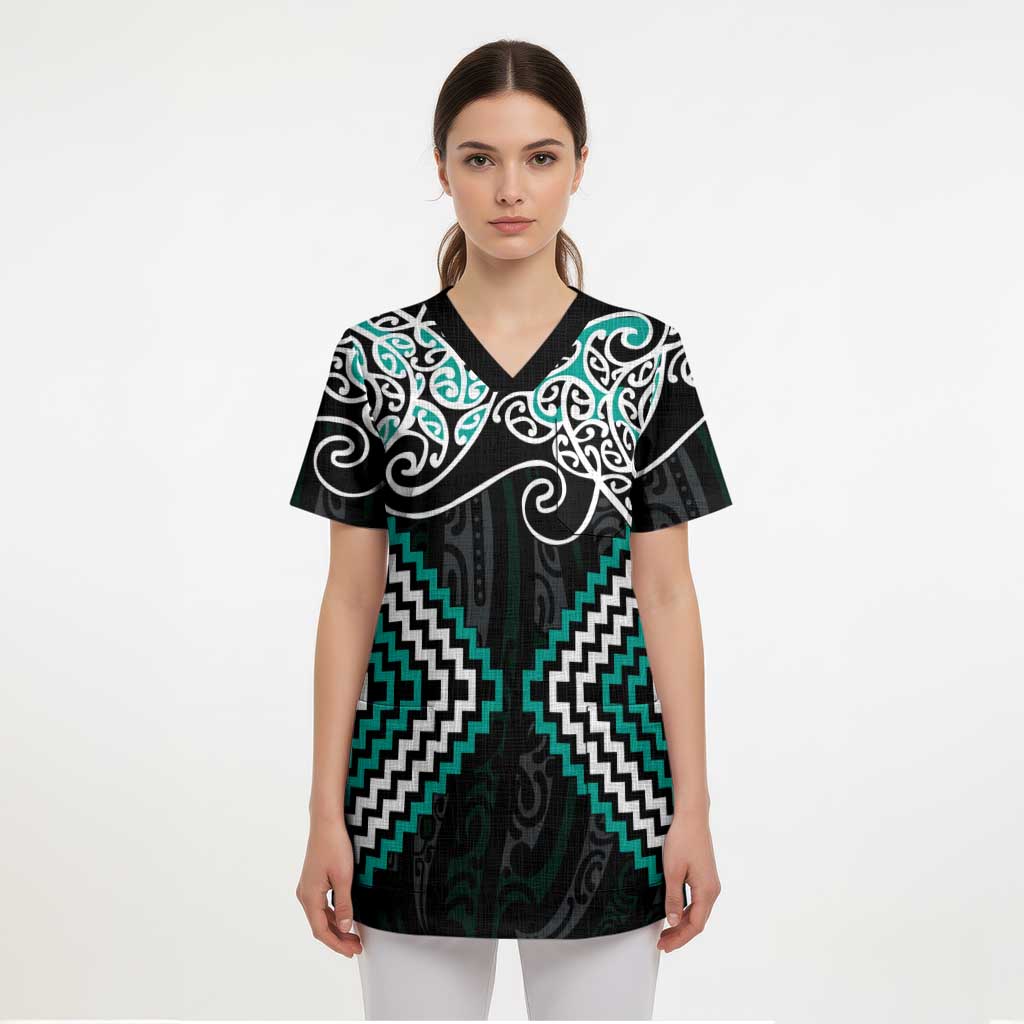 Turquoise Aotearoa Tukutuku Manawa Tapu Scrub Top Ta Moko Toi Maori - Polynesian Pride