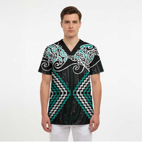 Turquoise Aotearoa Tukutuku Manawa Tapu Scrub Top Ta Moko Toi Maori - Polynesian Pride