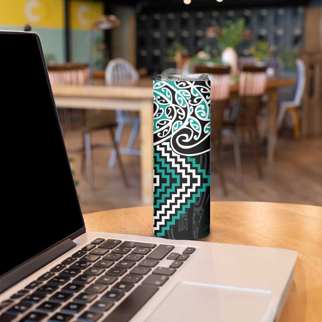 Turquoise Aotearoa Tukutuku Manawa Tapu Skinny Tumbler Ta Moko Toi Maori